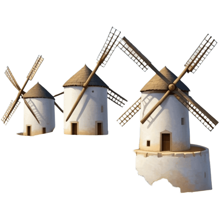 ​Cinematic Realistic Spanish Windmills (Mota del Cuervo), depicted as a cluster of gracefully aged windmills with weathered whitewashed facades and rustic wooden sails, standing proudly on a sunlit, rolling hillside of golden fields and olive groves, rendered with intricate textures and soft natural lighting that captures the timeless rural charm and historical significance of the Spanish landscape, emoji