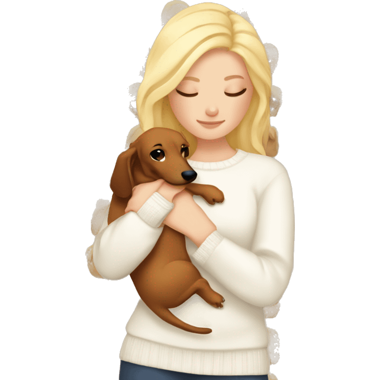 White girl blonde hair closed eyes white sweater hugging dachshund emoji