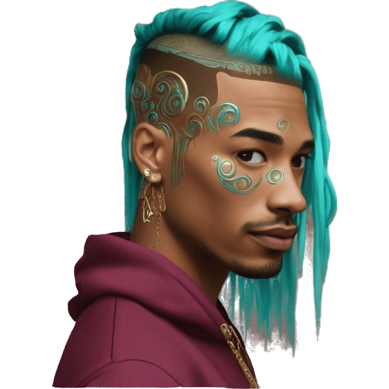 Vintage patina intricate swirls gold jewellery baroque golden sparkle tropical Deep pink maroon burgundy cyan dark hoodie man vitiligo dyed hair gold piercings nose piercing ear piercings emoji