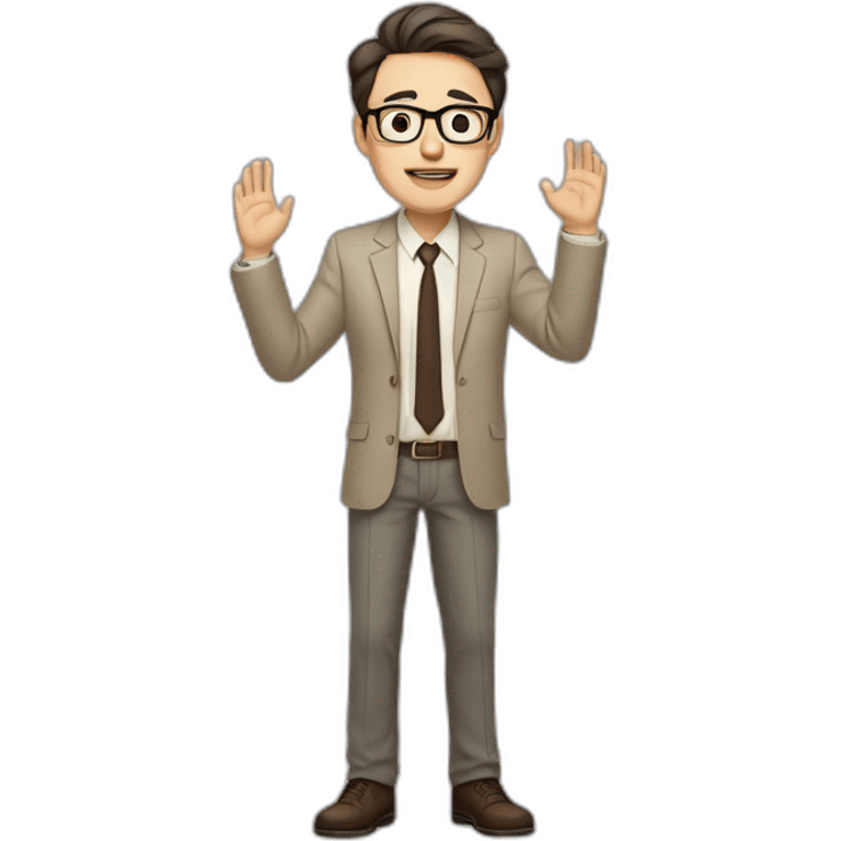 Full height Actively gesturing with hands Pale skinned fit man with dark brown hair in gray jacket, beige office shirt, brown tie, brown pants and vintage glasses. emoji