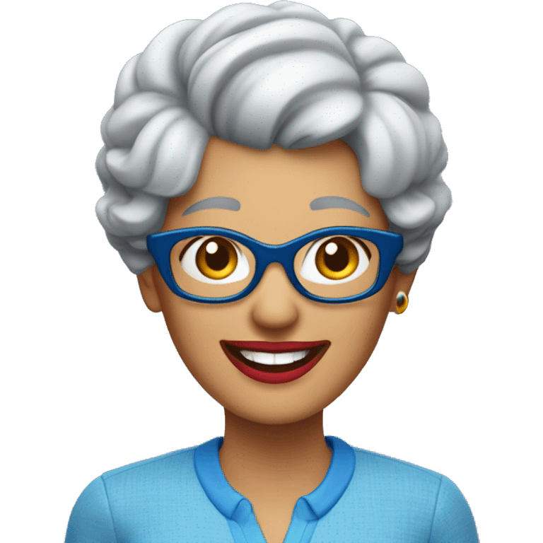 A laughing gray-haired woman in a blue scoop-necked shirt with blue glasses perched on her head. Her lipstick is red emoji