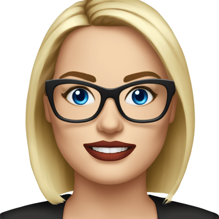 Real margot robbie secretary,  bright blue eyes, wearing black glasses  emoji