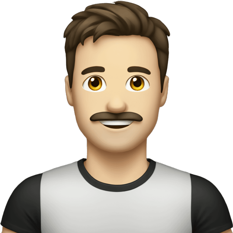 a profile picture of a happy white guy with long dark brown straight hair a moustache and a black t-shirt emoji