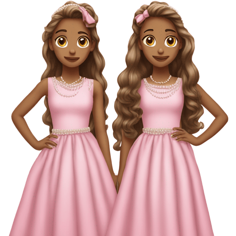 two teenage Latina twins. pink. Long hair. Pink bows. Pearls. Light pink. Diamonds dress. emoji