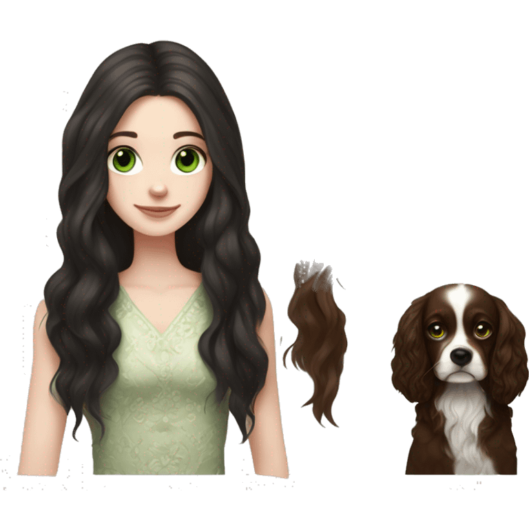 pale skin girl with green eyes with long dark brown hair that has a flower in her hair  holding a black and brown cavalier dog the dog also has a flower in its hair emoji