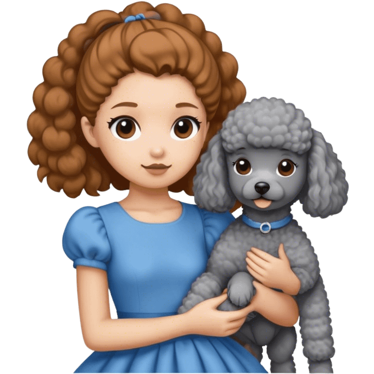 A girl with a caramel brown ponytail holding a grey poodle emoji