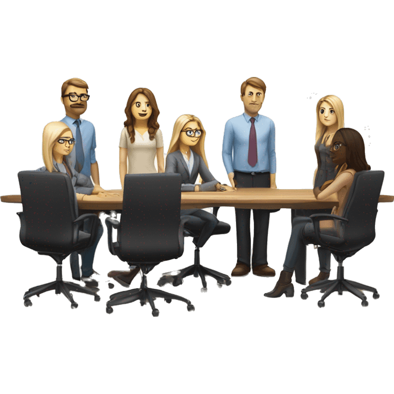 meeting table with 6 people seated two men, both width buzcuts and glases, two blonwimen with long hair, two brownhaired women with long hair and one brown haired woman with short hair emoji