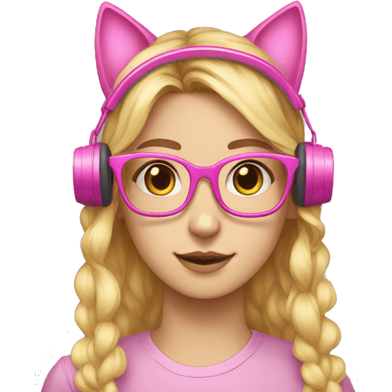 Nerd with pink glasses and long blond hairs and pink headset with cat ears emoji