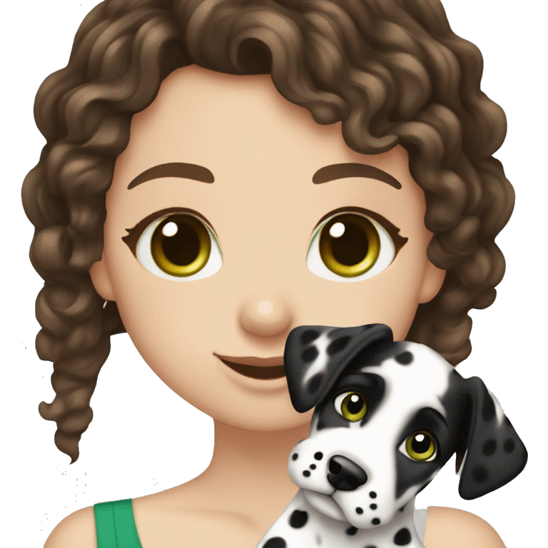 White girl with dark brown curly hair and green eyes is holding Dalmatian puppy emoji