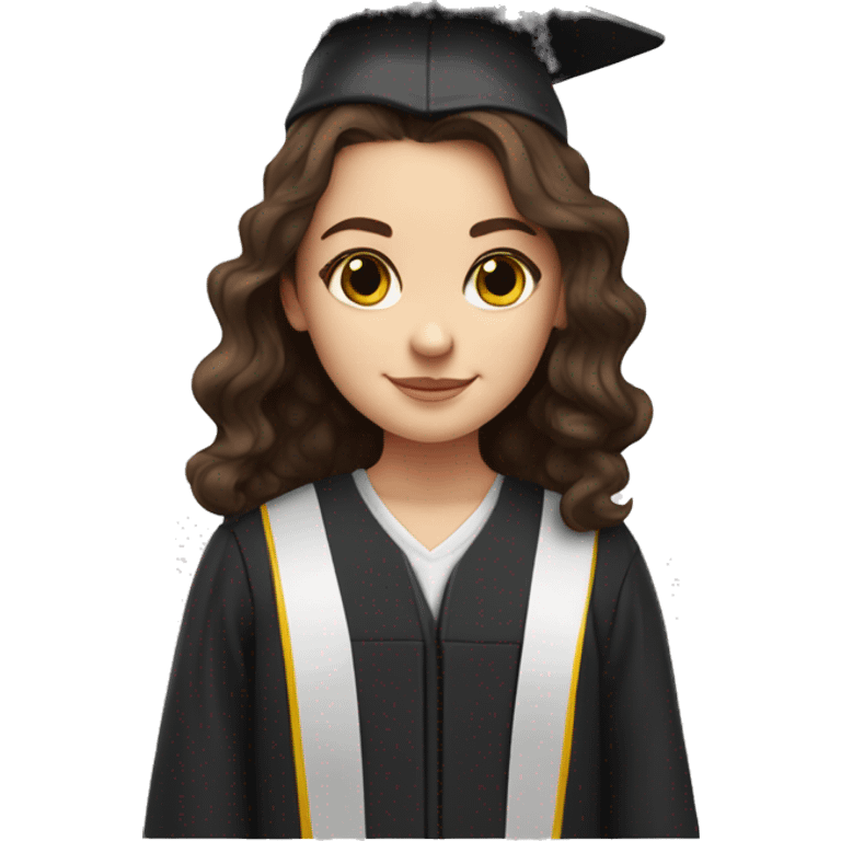 white girl with dark brown wavy hair and eyes with a graduation attire emoji