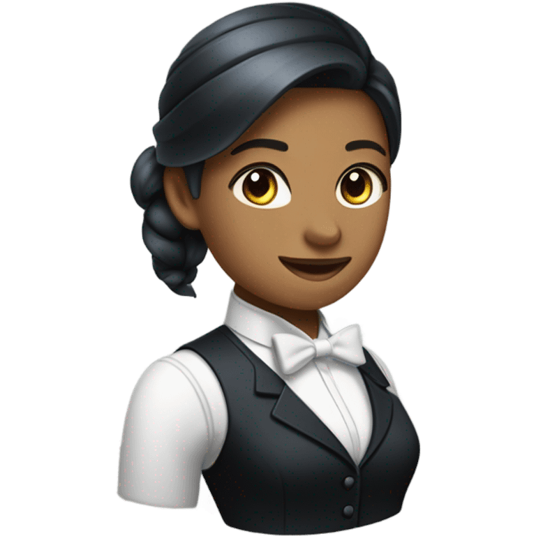 a female butler with a professional and elegant demeanor. She has her hair neatly tied in a ponytail and wears a classic butler uniform, including a tailored vest, crisp white shirt, and bow tie. emoji