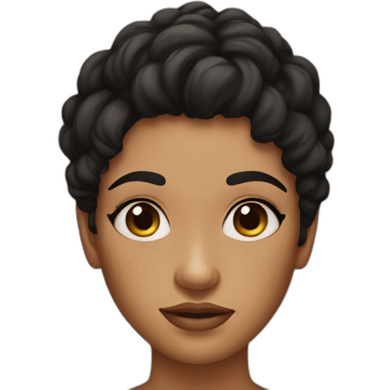 young woman black mid hair, freckles and tired emoji