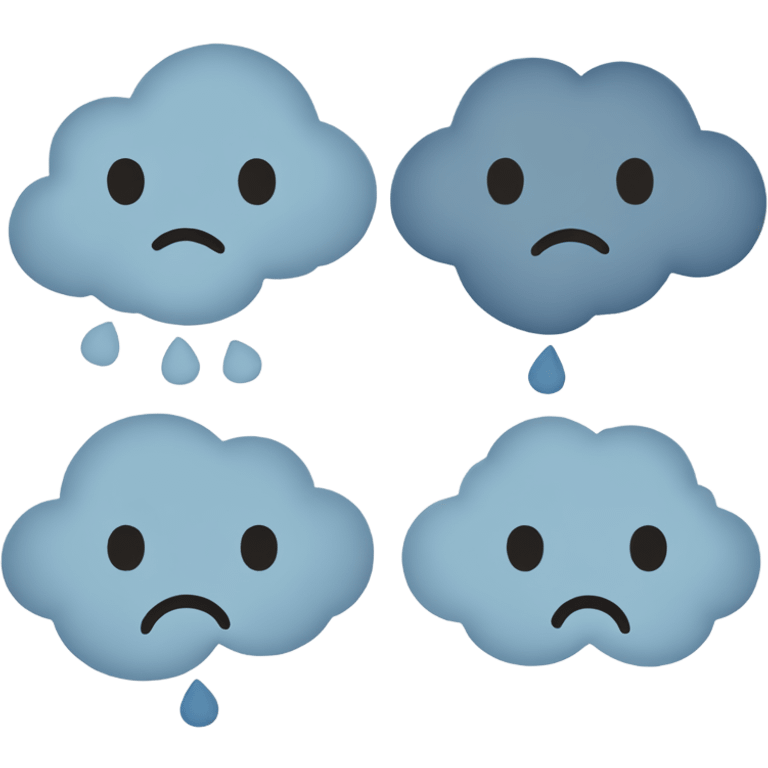 Minimalist depression-themed emoji set with a sad face, rain cloud, broken heart, teardrop, and neutral face with thought bubble in muted gray and blue tones on white. emoji