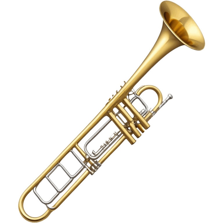 Create a sleek and professional emoji representing the Brahner TB-420 Bb/F tenor trombone. The design should feature the smooth, shiny brass body of the trombone with its distinct curved tubing and large bell. Highlight the tuning slide and the mouthpiece at the top of the instrument. The brass finish should be polished and reflective, with silver accents on the mouthpiece and tuning slide. Add subtle musical notes or soundwaves floating around the trombone to evoke its bold, brassy sound. Use golden and brass tones for the trombone with light reflections to emphasize its high-quality craftsmanship. The background should be transparent. emoji