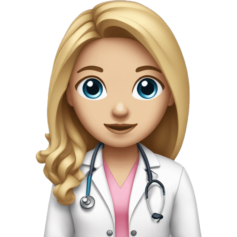 girl with long brown blonde hair blue eyes wearing pink doctor  scrubs, white doctor coat, stethoscope  emoji