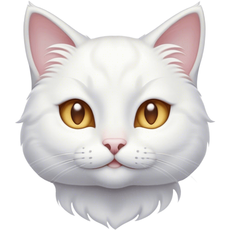 Cinematic Cute White Cat Portrait Emoji, Head tilted with a soft, gentle smile and sparkling eyes, featuring a silky, pristine white fur with subtle silver highlights, simplified yet irresistibly adorable, highly detailed, glowing with a warm, snowy glow, high shine, radiating affectionate charm and tender grace, styled with a light, playful outline, capturing the essence of a cute white cat that looks as if it could melt your heart with a single blink! emoji