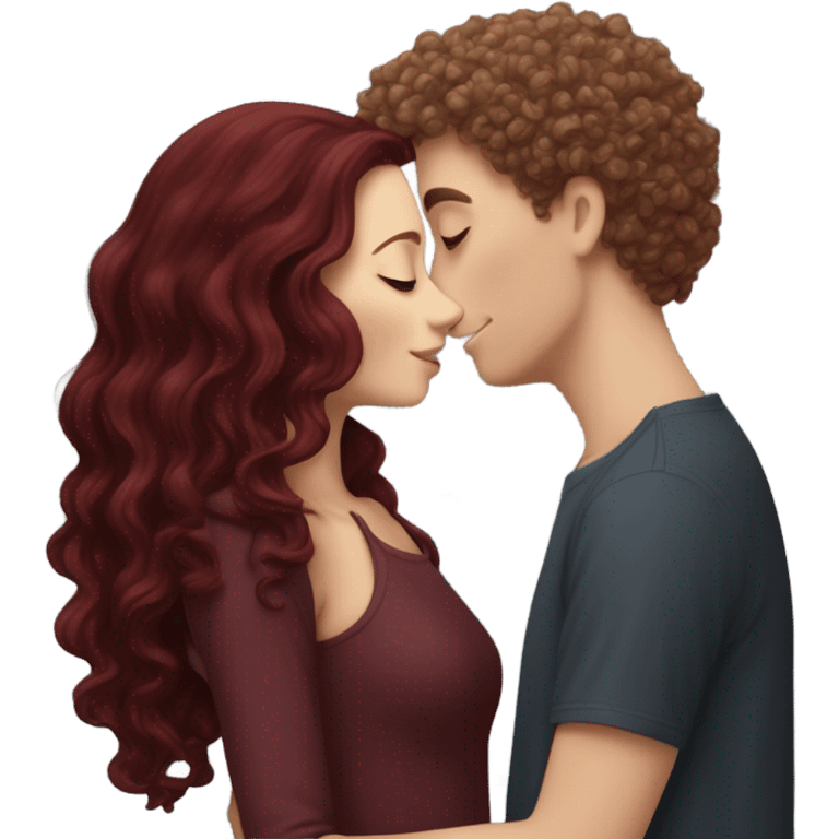 White girl with long burgundy hair kissing a white boy with curly short hair under a sky of star emoji