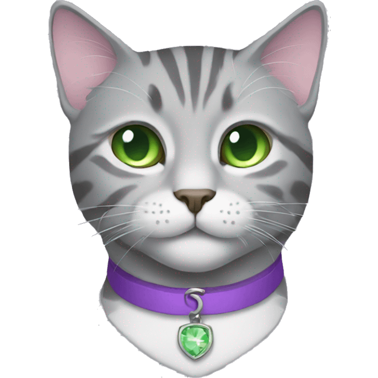 Grey tabby cat with a lilac collar and green eyes emoji