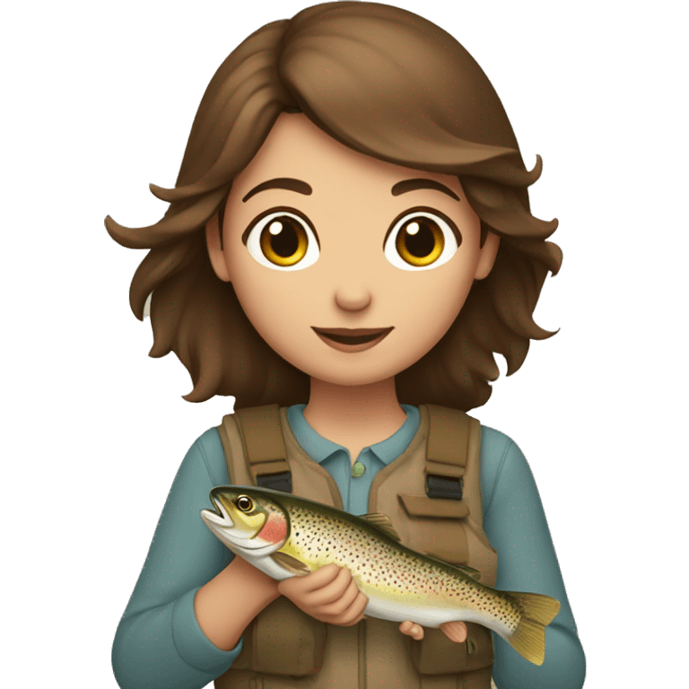 Brown haired girl holding trout across chest emoji