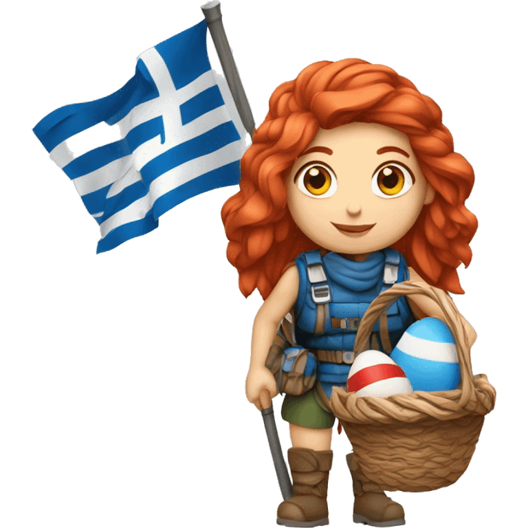 Greek Female winter mountaineer red hair white skin climbing with Greek Flag and Easter eggs basket emoji