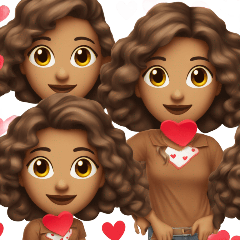 brown lady smiling, medium brown long wavy hair, bright red lips, eyelashes, wearing red “happy Valentine’s Day” t shirt emoji