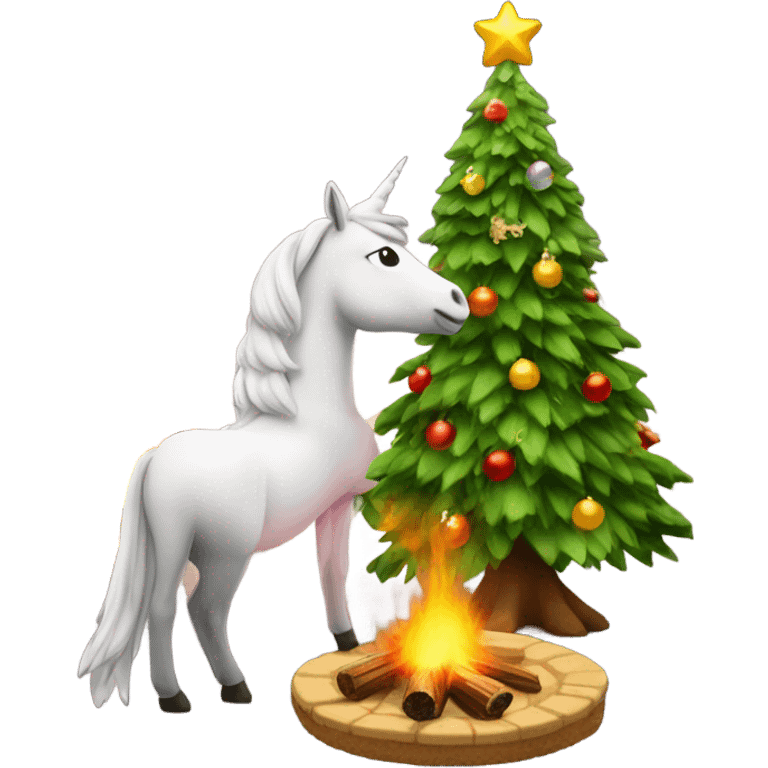 Christmas tree watching a fire with a unicorn.  emoji