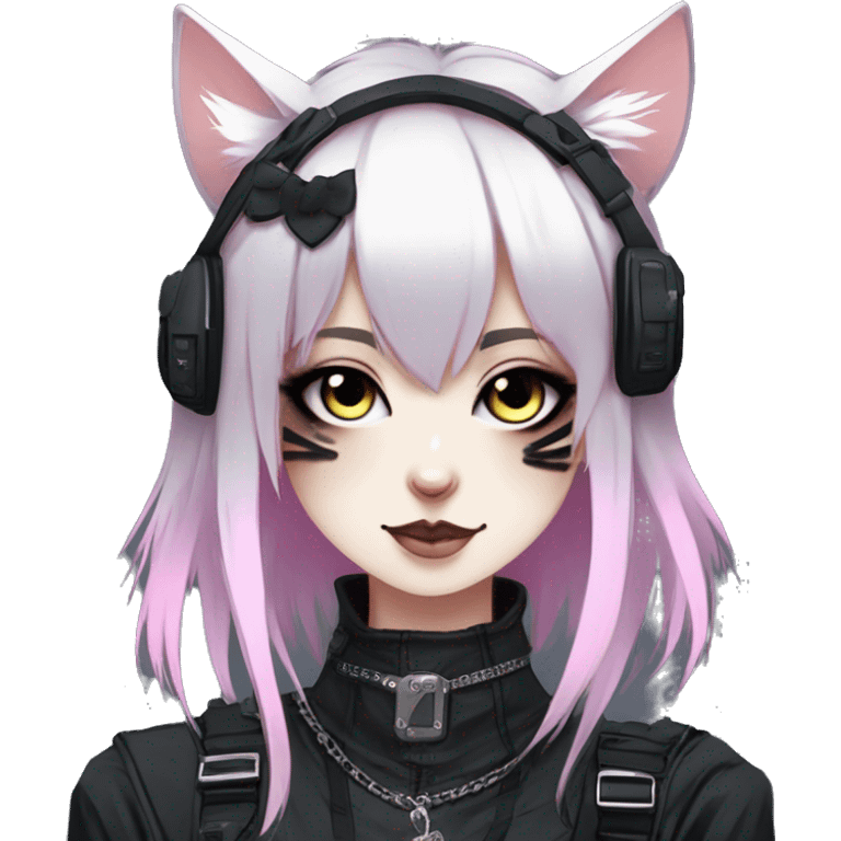 Gorgeous gothic dark techwear cyberpunk anime style anthro cat with blushing face aesthetic and pretty edgy black with collar and harness trending style emoji