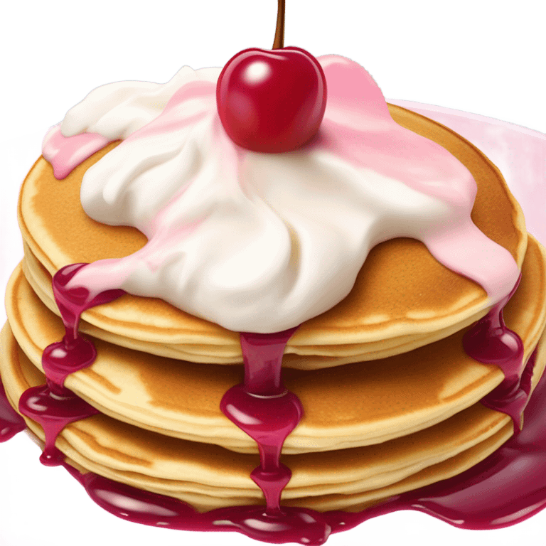 two pancakes, pink syrup, cherry whipped cream on top emoji