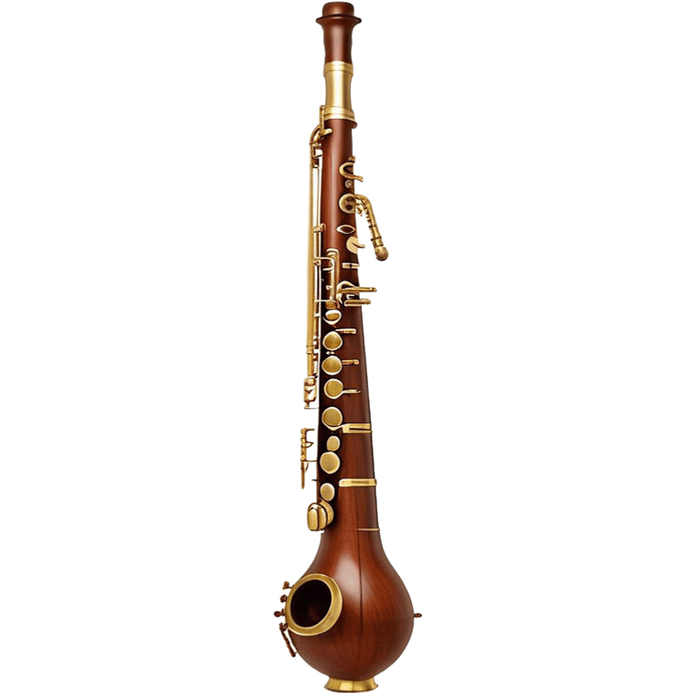 Create an elegant and detailed emoji representing a professional Yamaha bassoon. The design should feature the sleek wooden body of the bassoon with its rich wood tones, showing the intricate keywork and metal springs. The metal tubing of the instrument should be clearly visible, with polished brass accents. Highlight the bell and the distinctive, curved shape of the instrument. The mouthpiece and reed should be visible at the top, emphasizing the functional details. Use warm wood tones like dark brown, with gold and brass accents for the keys and fittings. Add soft musical notes or soundwaves to represent the deep, resonant sound of the bassoon. The background should be transparent. emoji