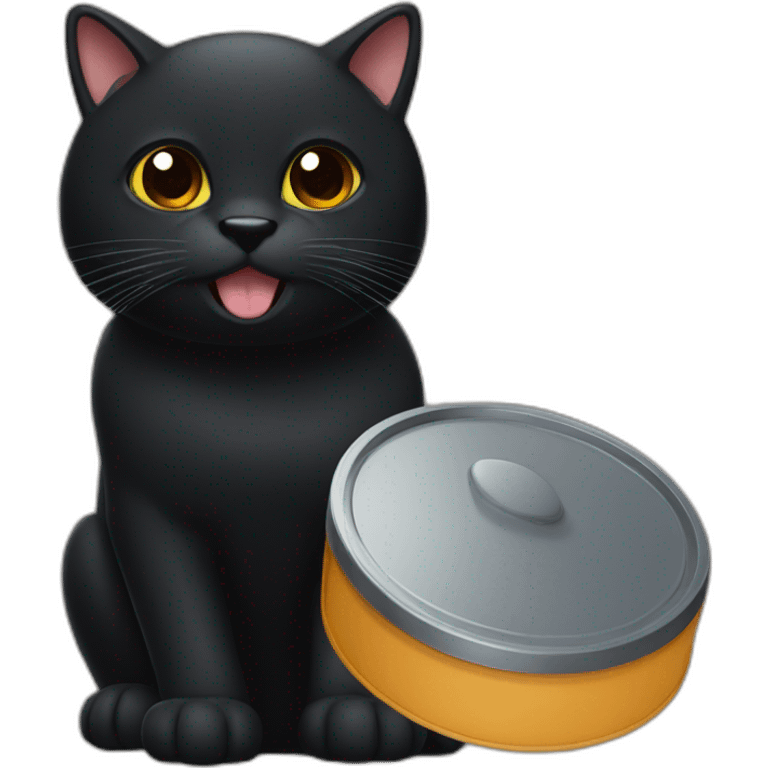 a big black cat with brown eyes holding a lid in his mouth emoji