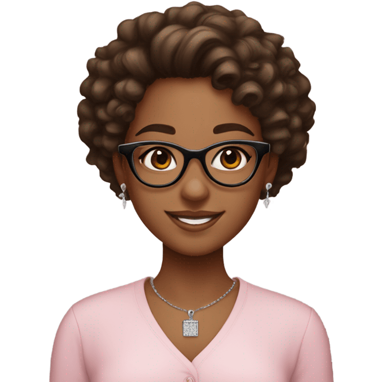 Brown skin curly hair girl with dark brown eyes black framed glasses little diamond earrings cross necklace light pink shirt smiling  emoji