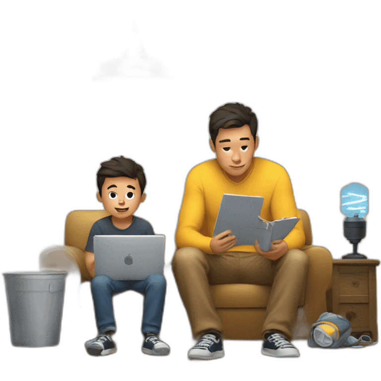 the son sits next to his father and studies electricity emoji