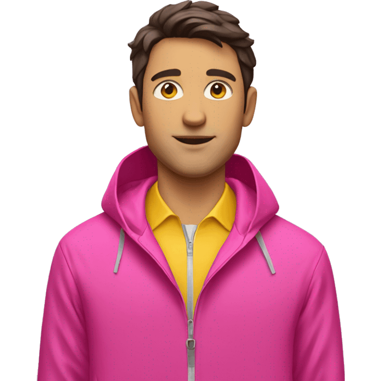 brunette man in pink polo and yellow rain jacket emoji