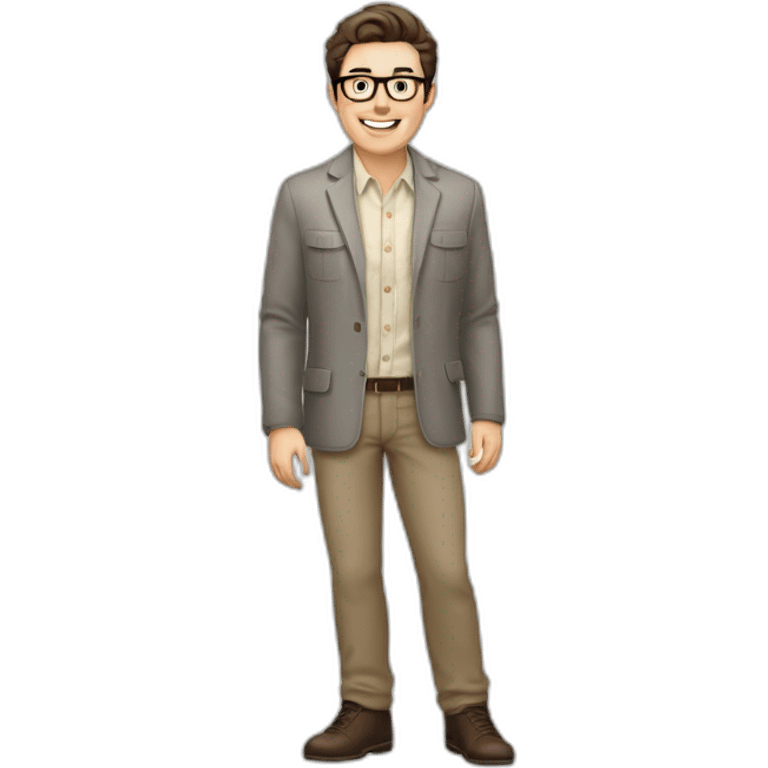 Joyful Full height Pale skinned Fit Man With dark brown hair in gray jacket, beige office shirt, Brown pants and vintage glasses. His thrumbs up emoji