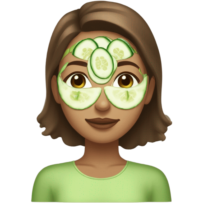 Girl with freackles Brown hair white skin Tone and blue eyes wears Green skin care mask while She relaxes and cucumber on her closed eyes emoji