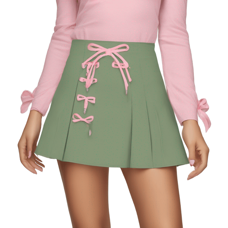 Sage green a-line mini skirt with pink lace up on the sides and bows and embroidery, isolated emoji