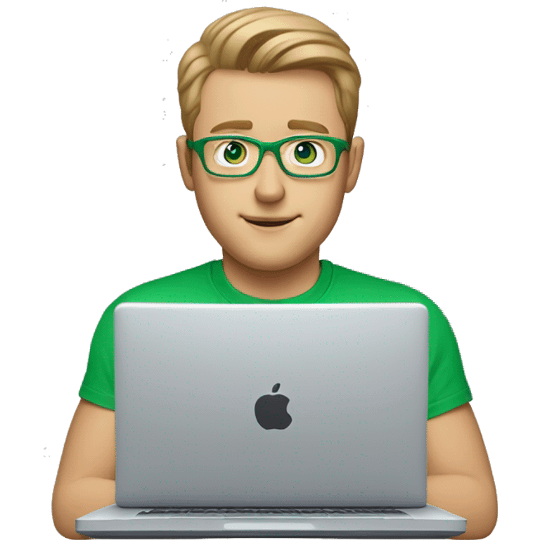 white man with blue eyes and light brown hair and square glasses wearing green t-shirt using laptop emoji