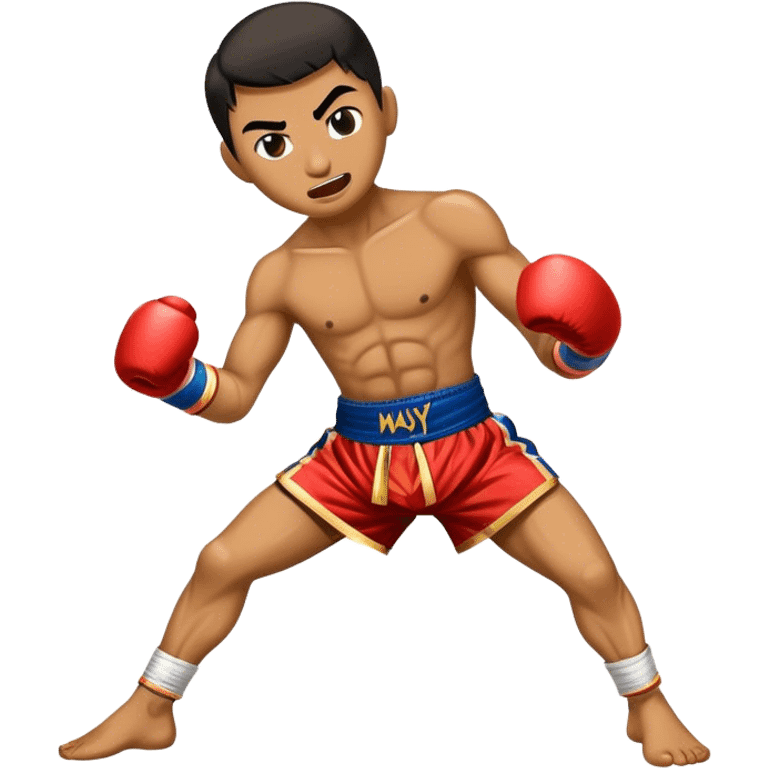 Cinematic Realistic Muay Thai Pop Culture Emoji, depicted with an action-packed portrayal of traditional Thai boxing rendered with bold textures and energetic, dramatic lighting. emoji