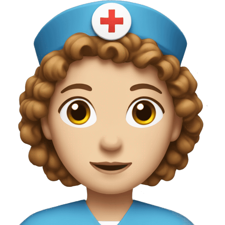 a white nurse with brown, curly hair in a blue uniform  emoji