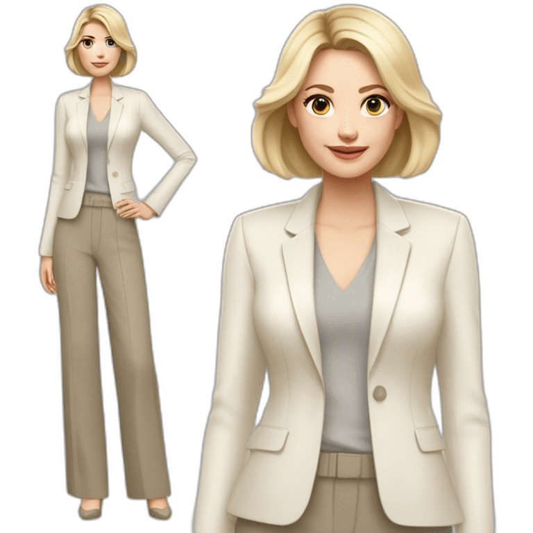 Full height Actively gesturing with hands pale skin woman with ash blonde Straightened bob Hair, White Spacious classical jacket, beige palazzo Arrow pants and gray blouse emoji