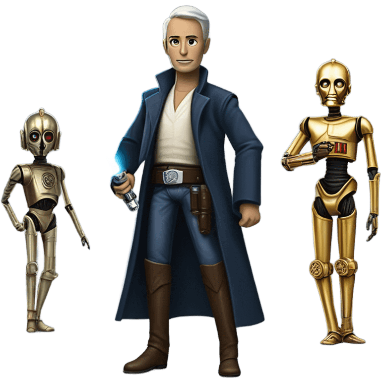 well-equipped jedi first order human-sized darkblue-pearl friendly bounty hunter c3po droid wearing a leather wild west duster coat holding light saber ready to fight but relaxed. antiqued emoji