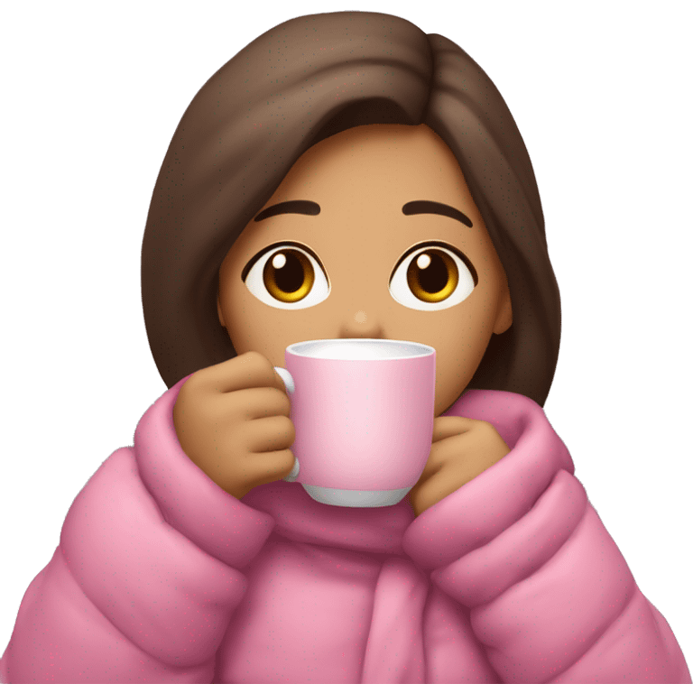 Brunette brown eyed girl sipping hot cocoa with pink warmclothes emoji