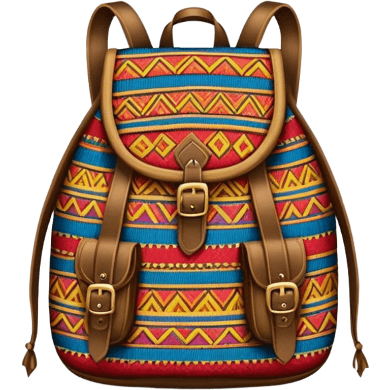 Cinematic Realistic image of a traditional Colombian mochila, rendered with detailed woven textures and vibrant patterns, set against a rustic backdrop with soft, cultural lighting emoji