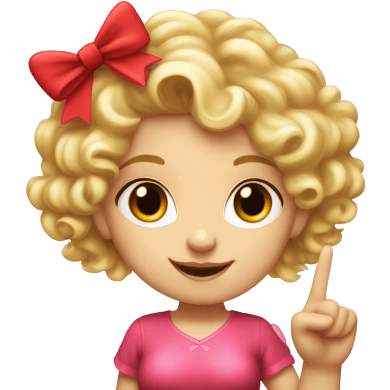 Realistic isolated Caucasian female cupid character with short curly blonde hair holding up peace fingers with red and pink outfit and red bow in her hair. emoji