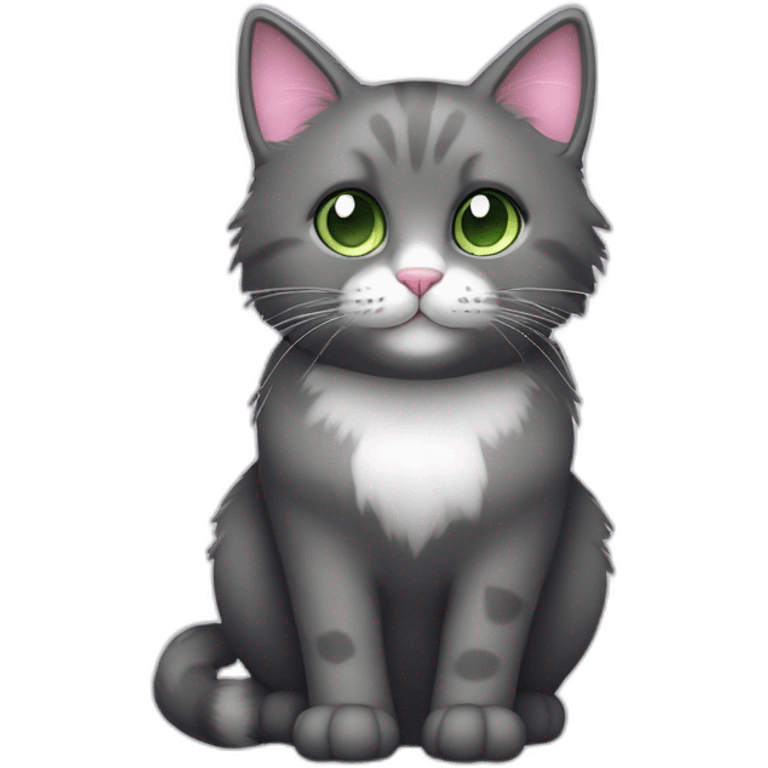 fluffy dark grey cat, small ears, pink nose, light green eyes, white long whiskers, white spots near the nose, white breast, the cat's fur is soft. emoji