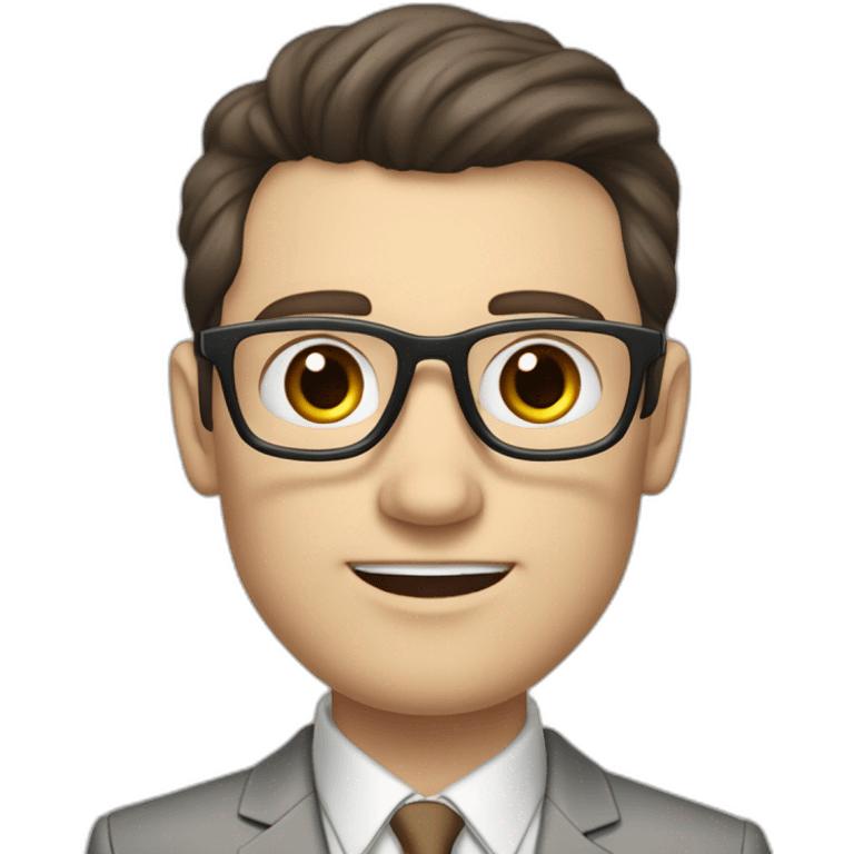 Pale skinned fit man with dark brown hair in gray jacket, beige office shirt, brown tie, brown pants and vintage glasses Writing on the marker board emoji