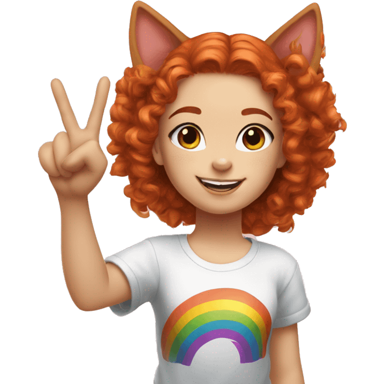 a white girl with long red curly hair in a pony tail with rainbow shirt does peace sign wearing cat ears one black other white emoji