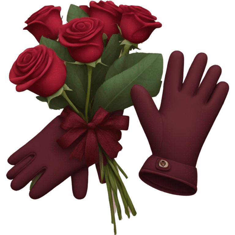 bouquet of burgundy roses next to gloves emoji