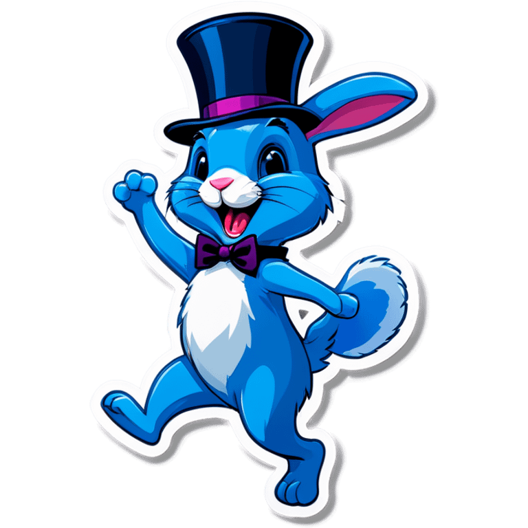 Blue bunny wearing a top hat happily dancing emoji