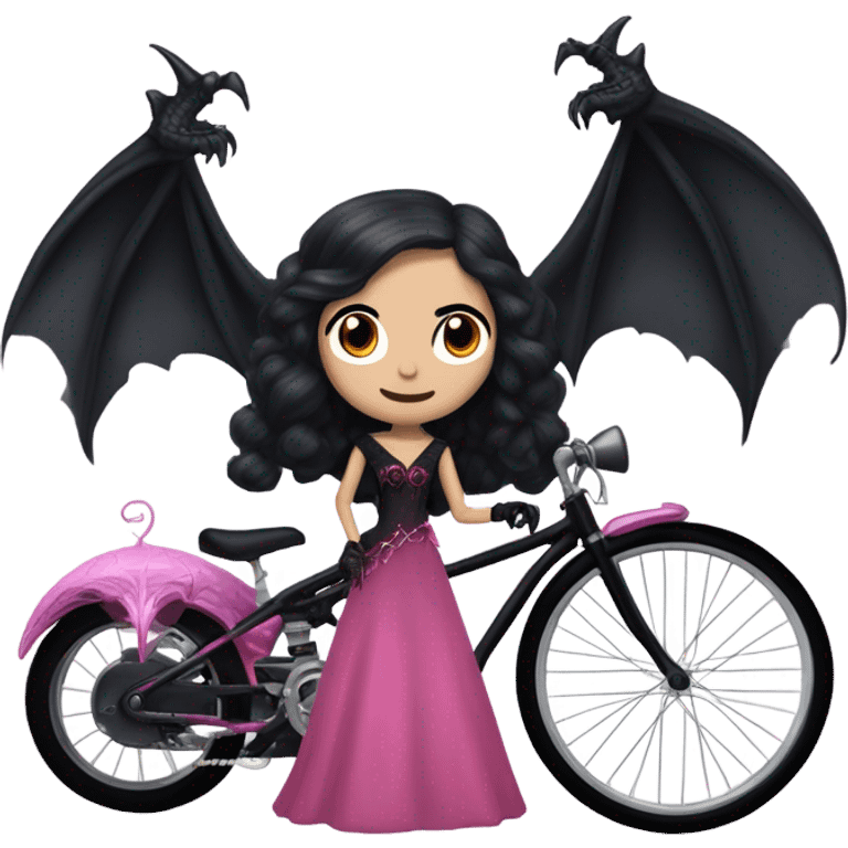  black evening gown with see-through gloves, Jenna Ortega as Addams woman prom queen wearing a mini tiara, very large blood  pink evil-looking horned old dragon bike emoji